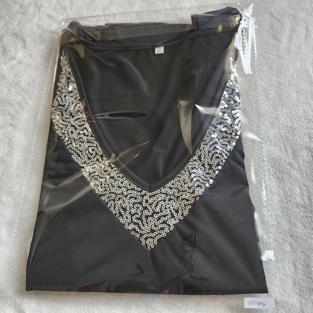 Womens Black Sequin V-Neck Tank Top Sleeveless Plus Size 4XL Party Clubwear - Picture 6 of 6